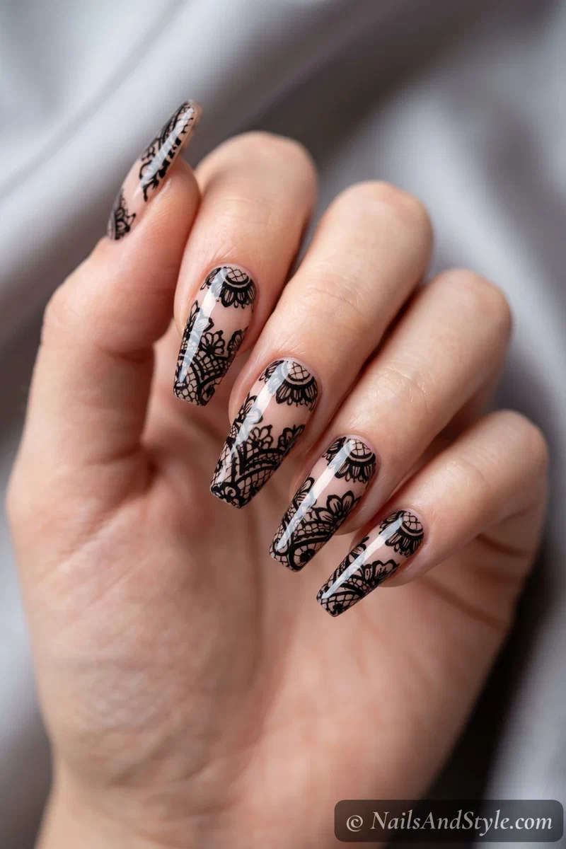 Nude nails with black lace pattern