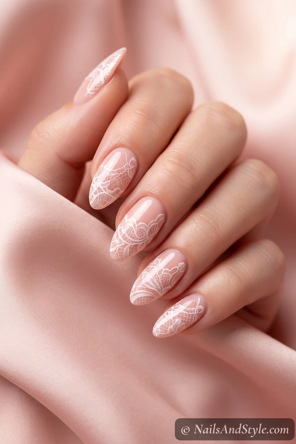 Blush and white lace nails
