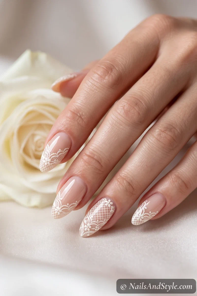Ivory nails with detailed bridal garter lace
