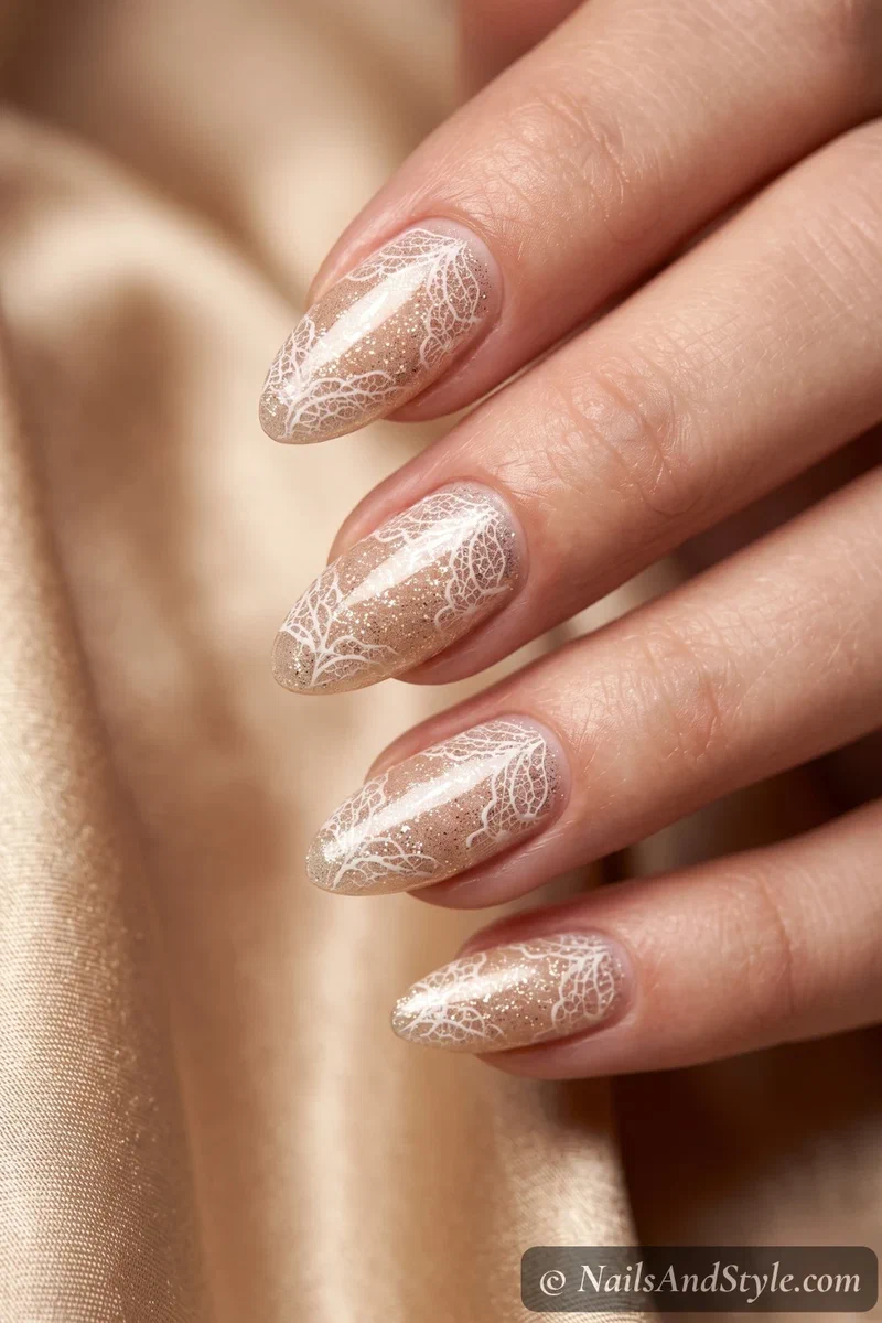 Champagne glitter nails with white lace