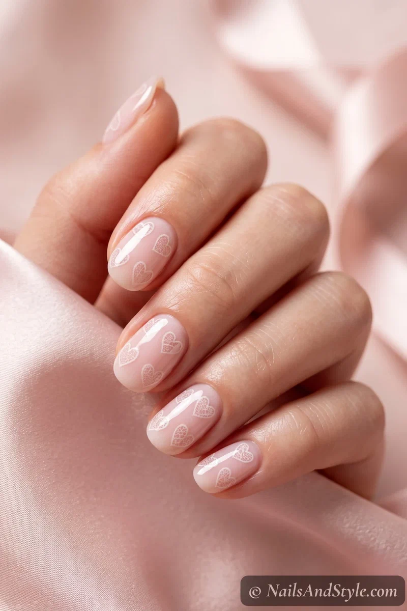 Soft pink nails with tiny lace hearts