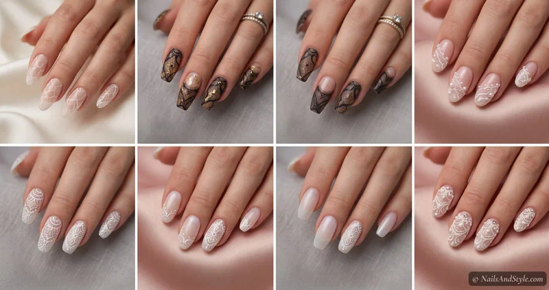 Collage of lace nail designs in white lace French tips, negative-space lace, black lace, and lace with pearls