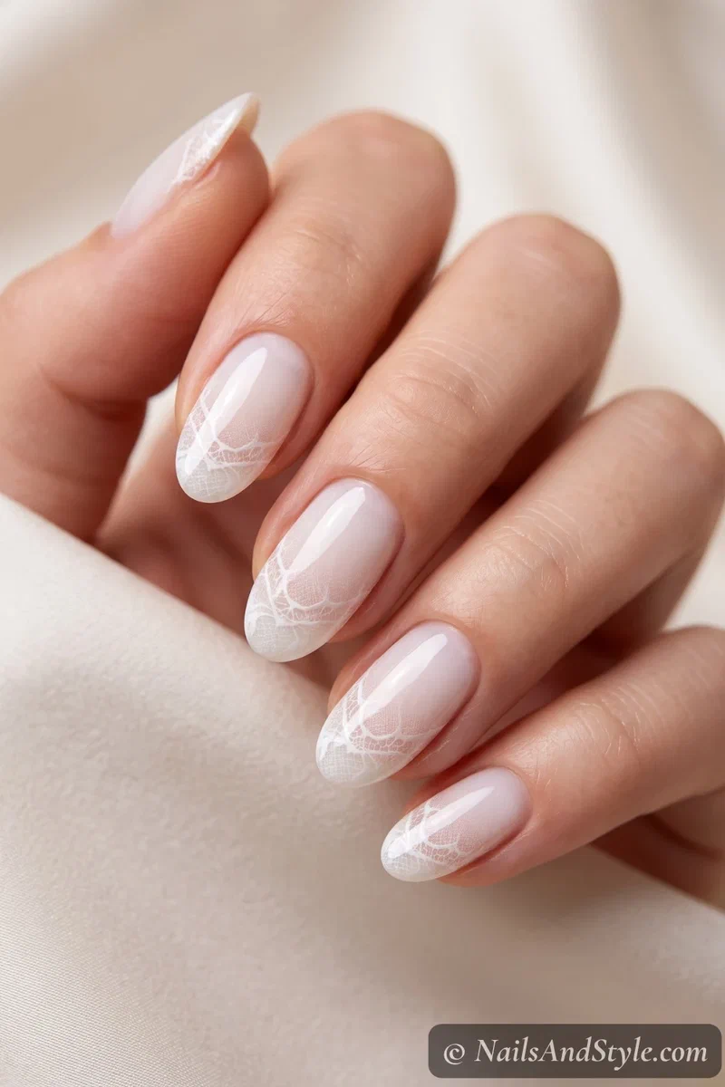 Milky sheer nails with lace tips
