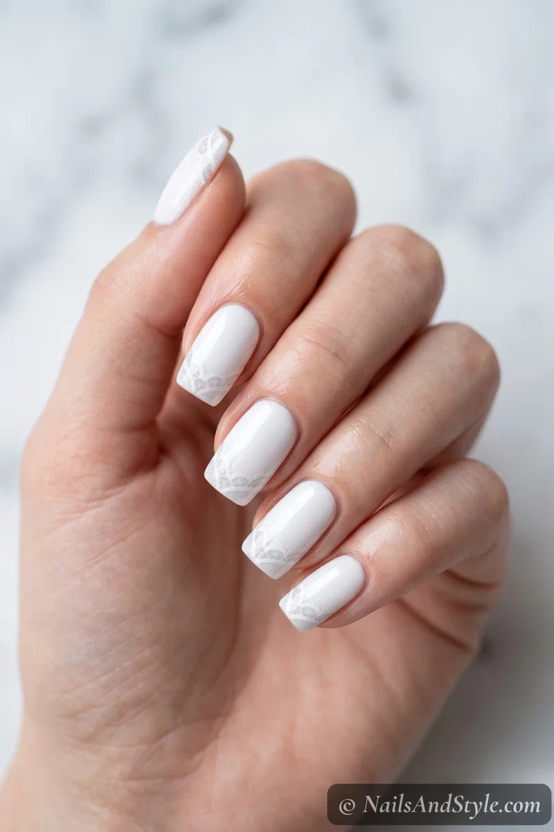 White nails with tonal lace tips