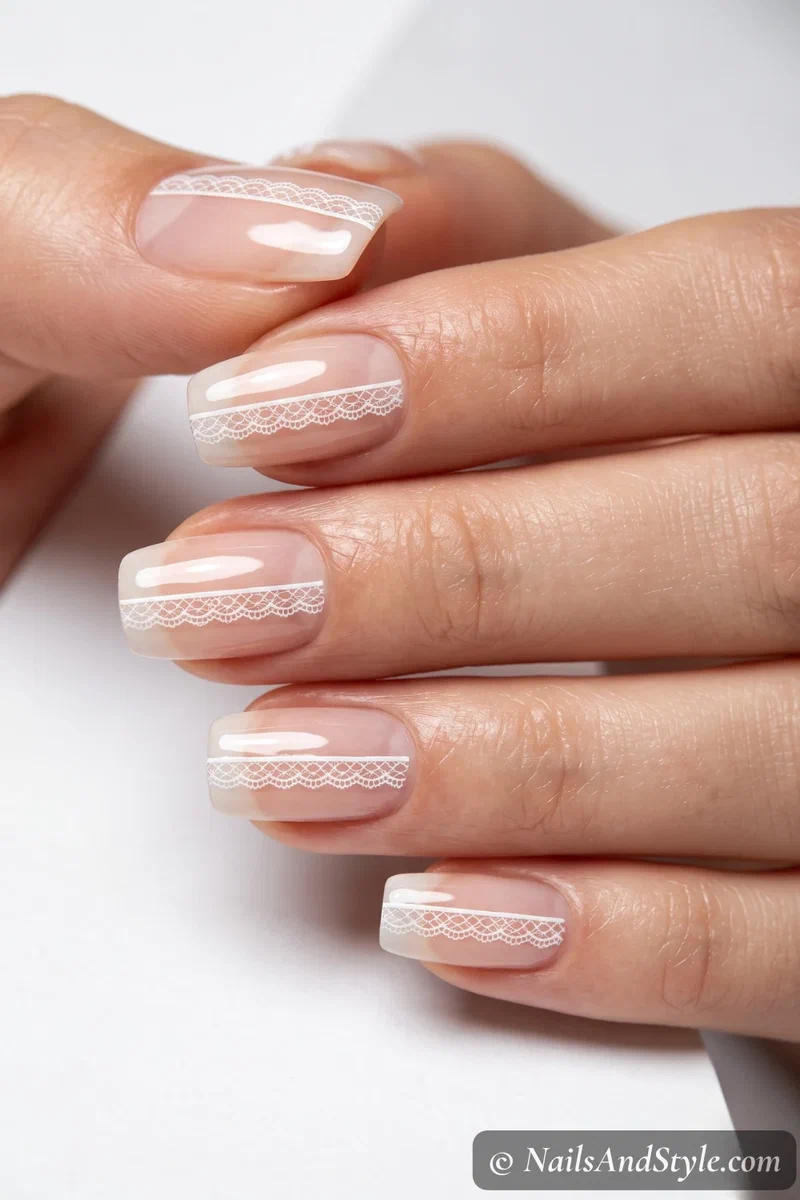 Bare nails with a single fine lace line