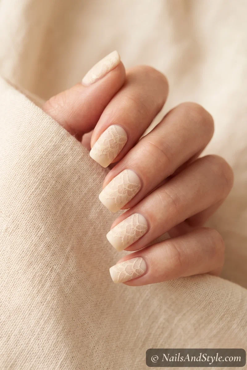 Cream nails with antique ivory lace