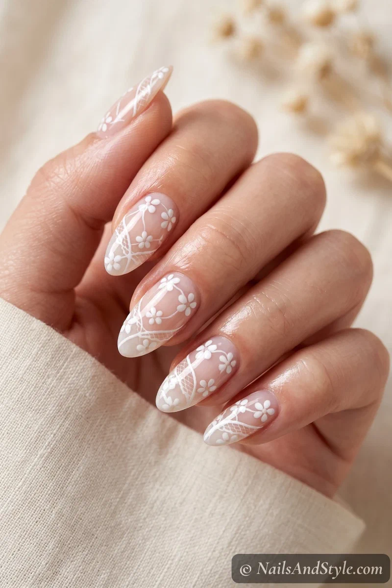 Nails with white floral lace pattern