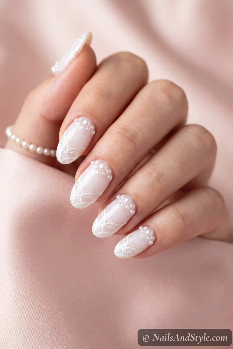 White lace nails with tiny 3D pearls