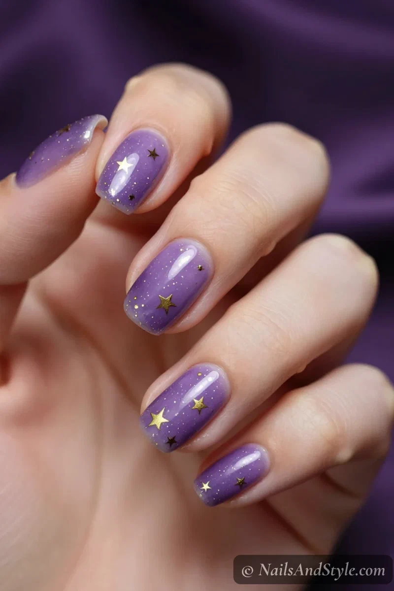 Deep lavender nails with tiny gold stars