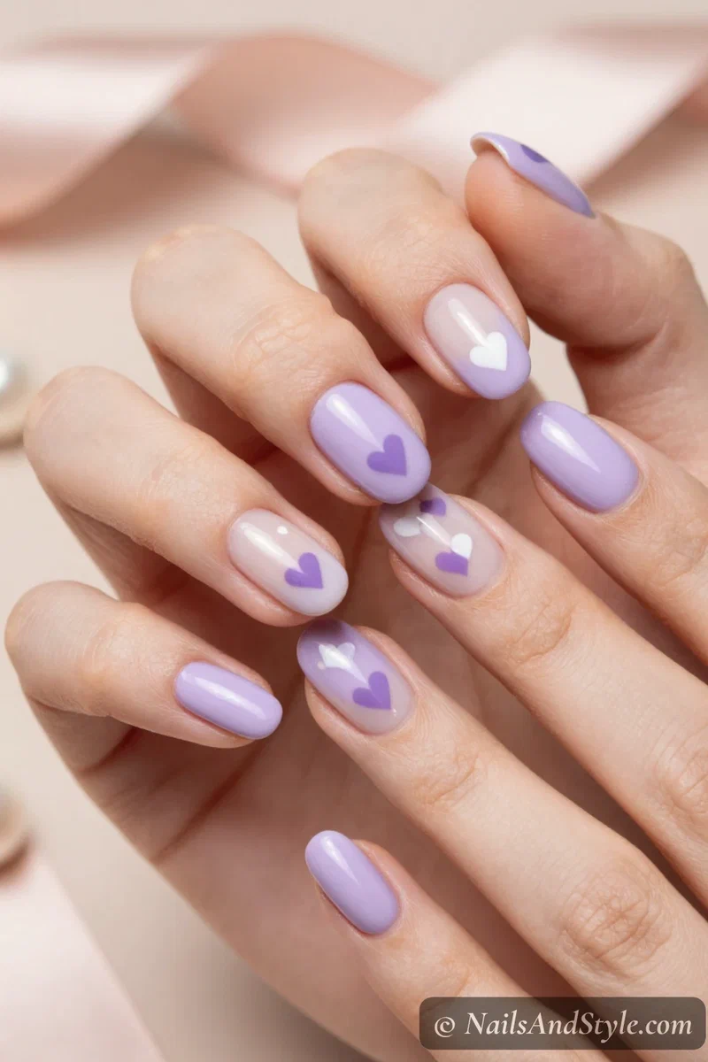 Milky lavender nails with tiny painted hearts