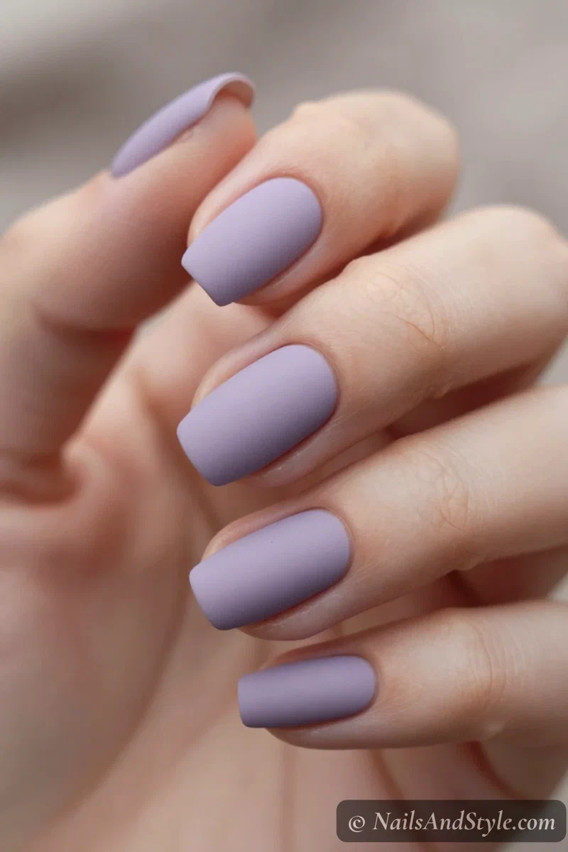 Dusty lavender nails with a soft matte finish