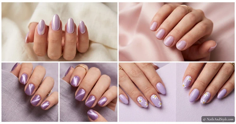 Collage of four lavender nail looks including milky lavender, lilac cat-eye, lavender daisies, and glazed lavender chrome