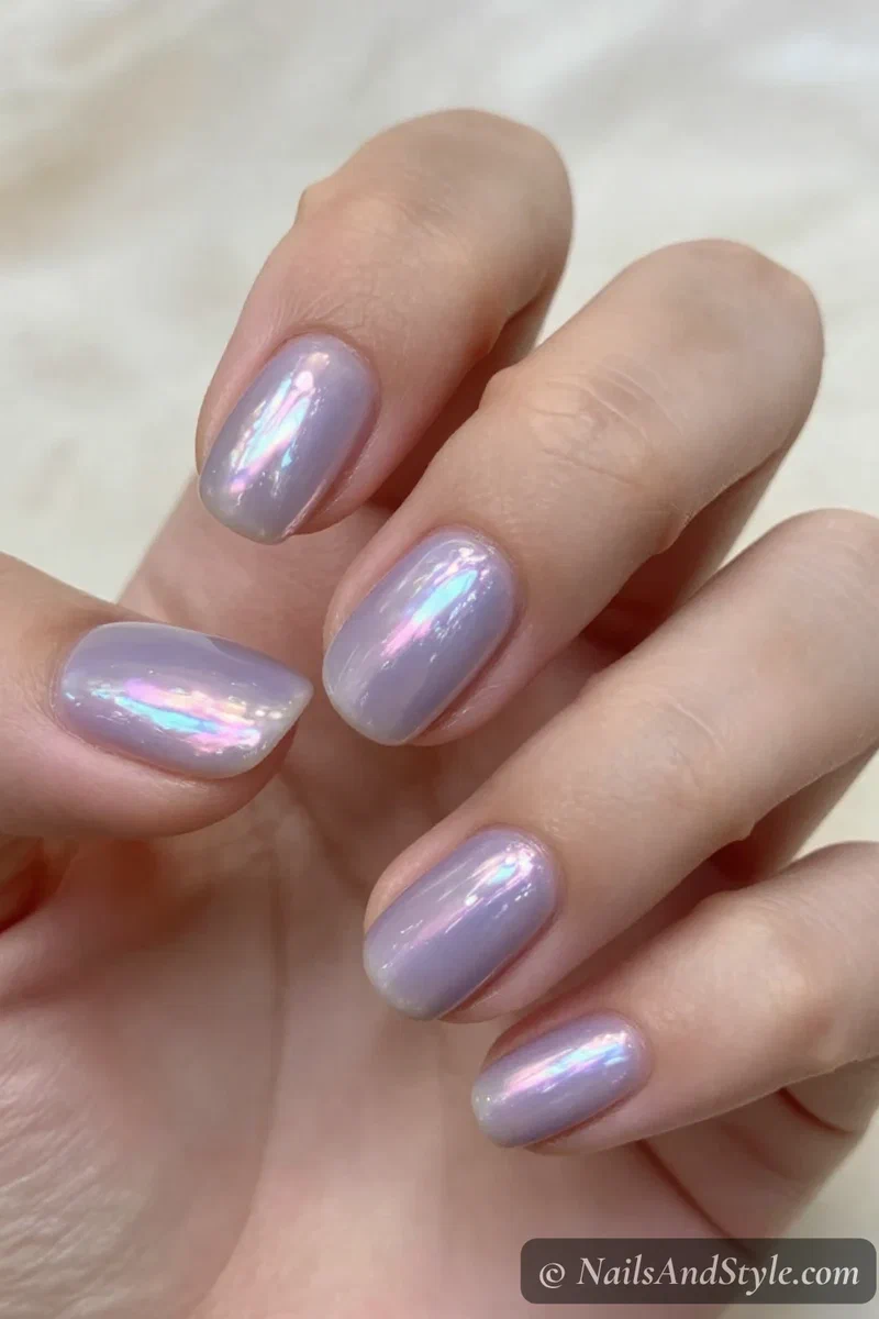 Iridescent lavender pearl nails shifting pink and blue