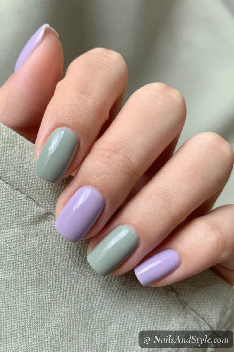 Alternating lavender and sage green pastel nails