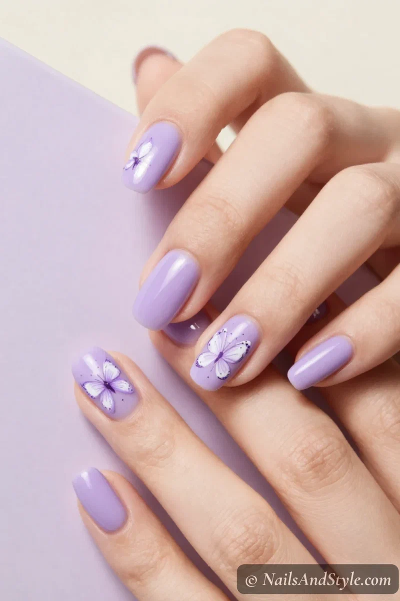 Lavender nails with small painted butterflies