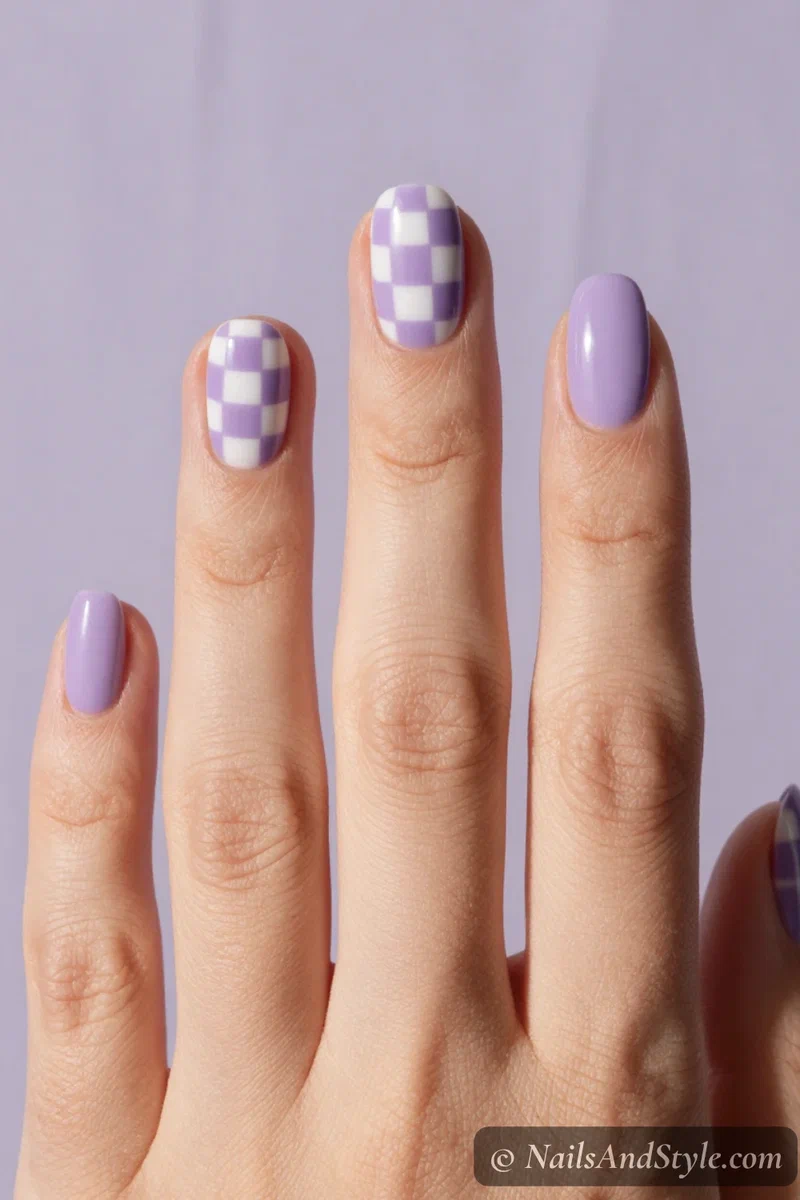 Lavender and white checkerboard accent nails