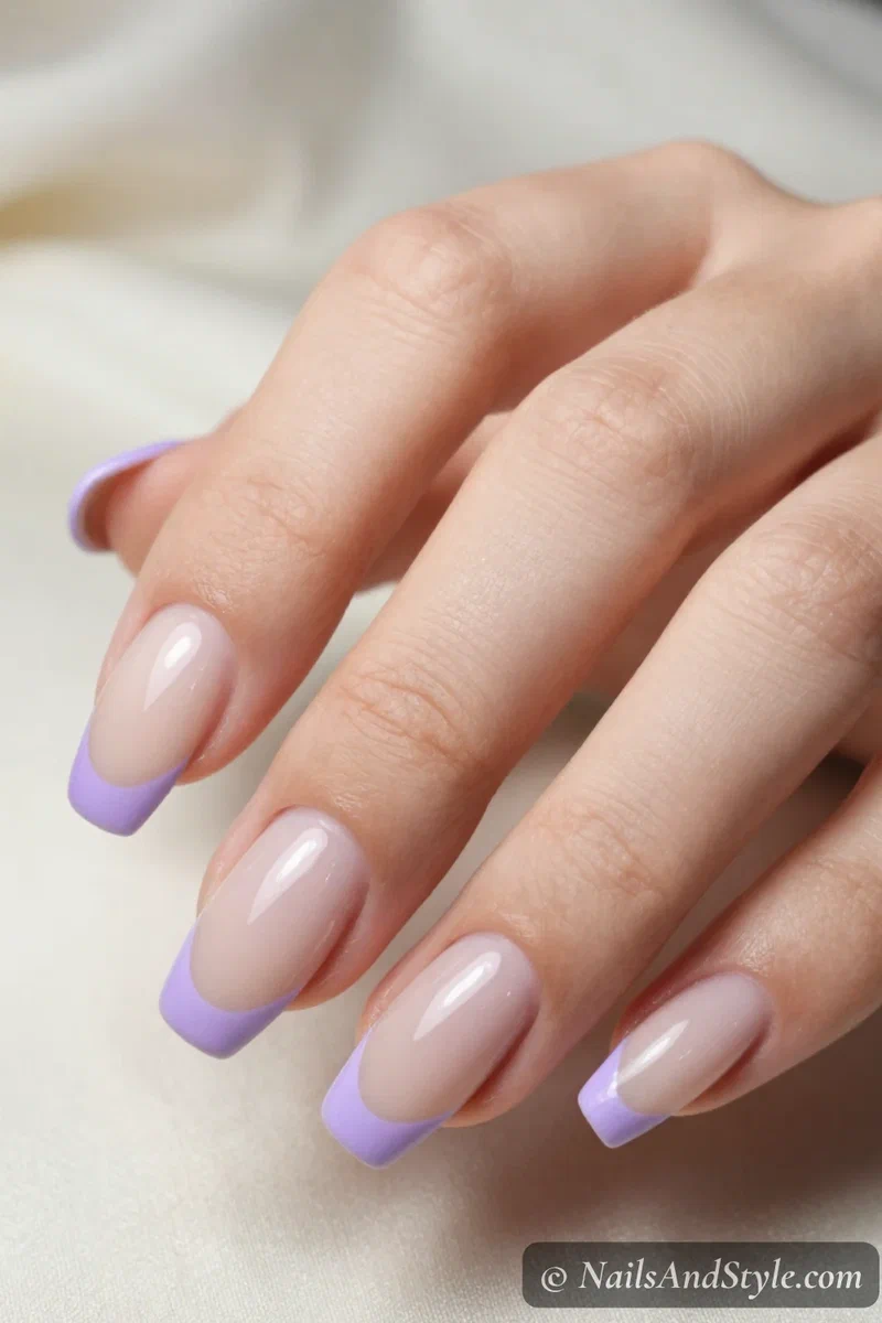 Nude nails with soft lavender French tips