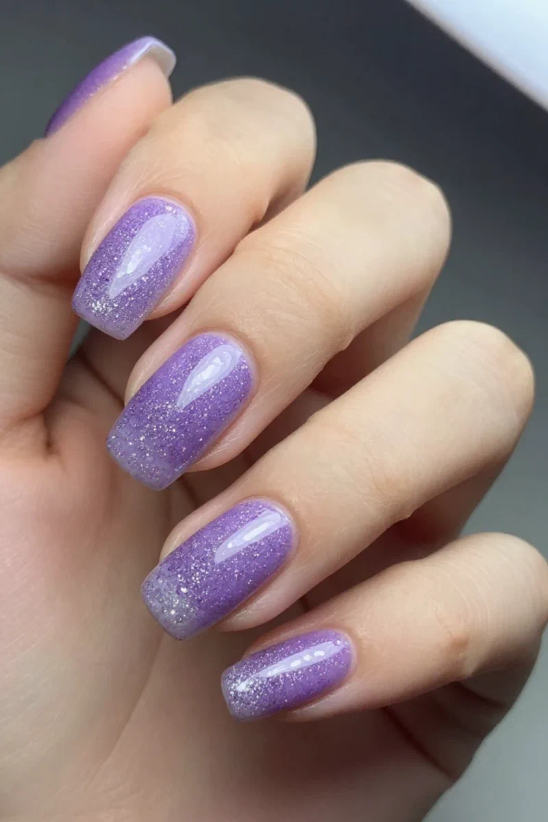 Lavender nails with glitter fading from the tips