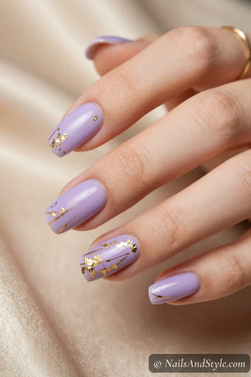 Lavender nails with thin gold line accents