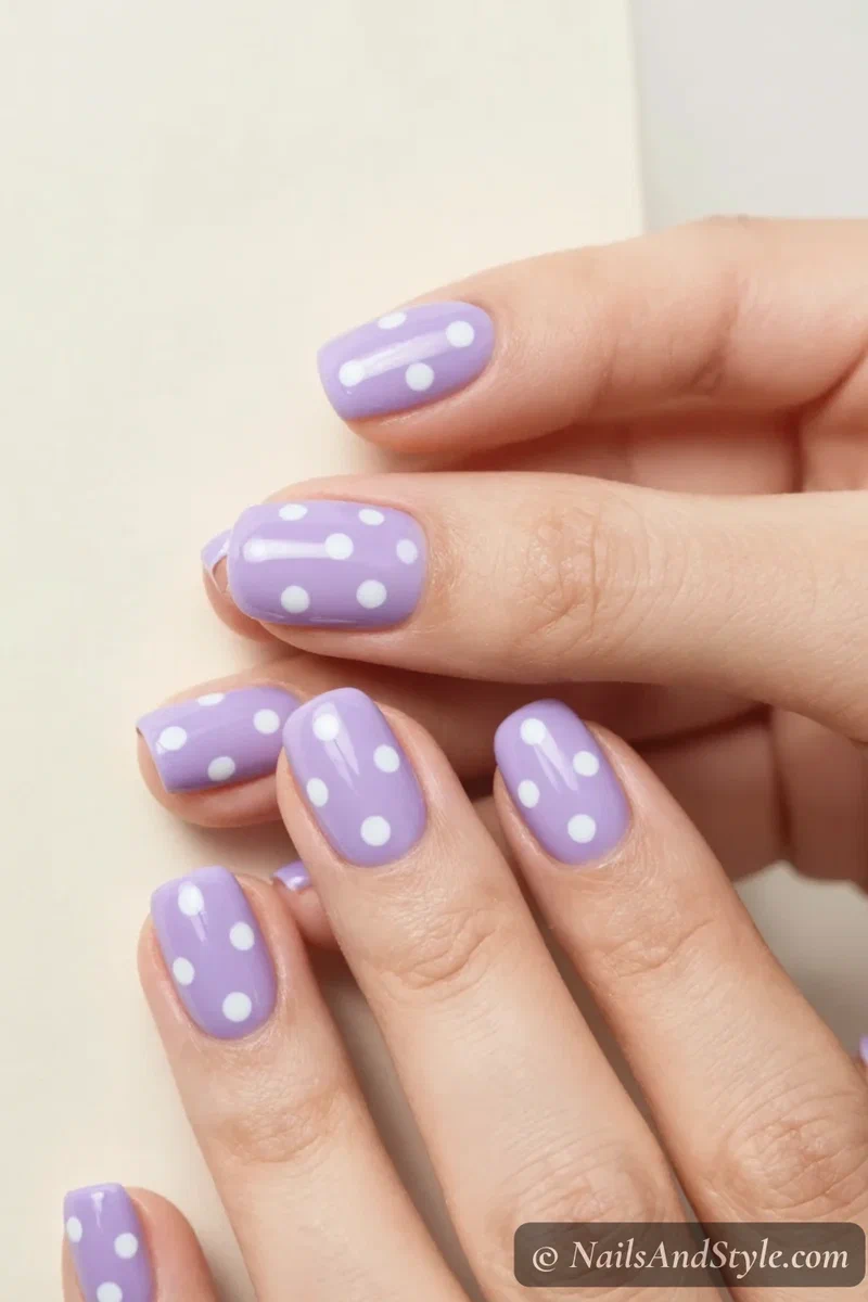 Lavender nails with white polka dots