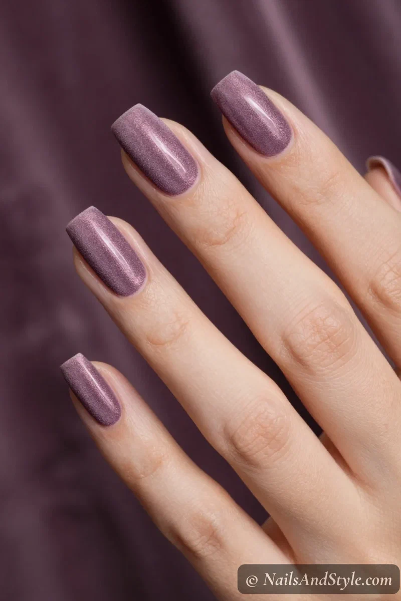 Plummy lavender velvet nails with a brushed shimmer
