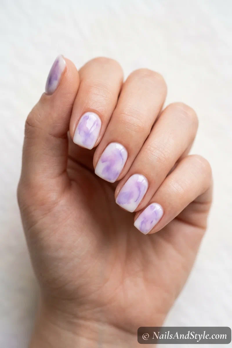 Lavender watercolor wash nails on a white base