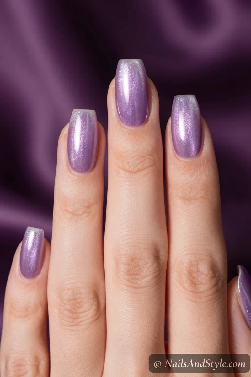 Lilac cat-eye nails with a glowing light strip