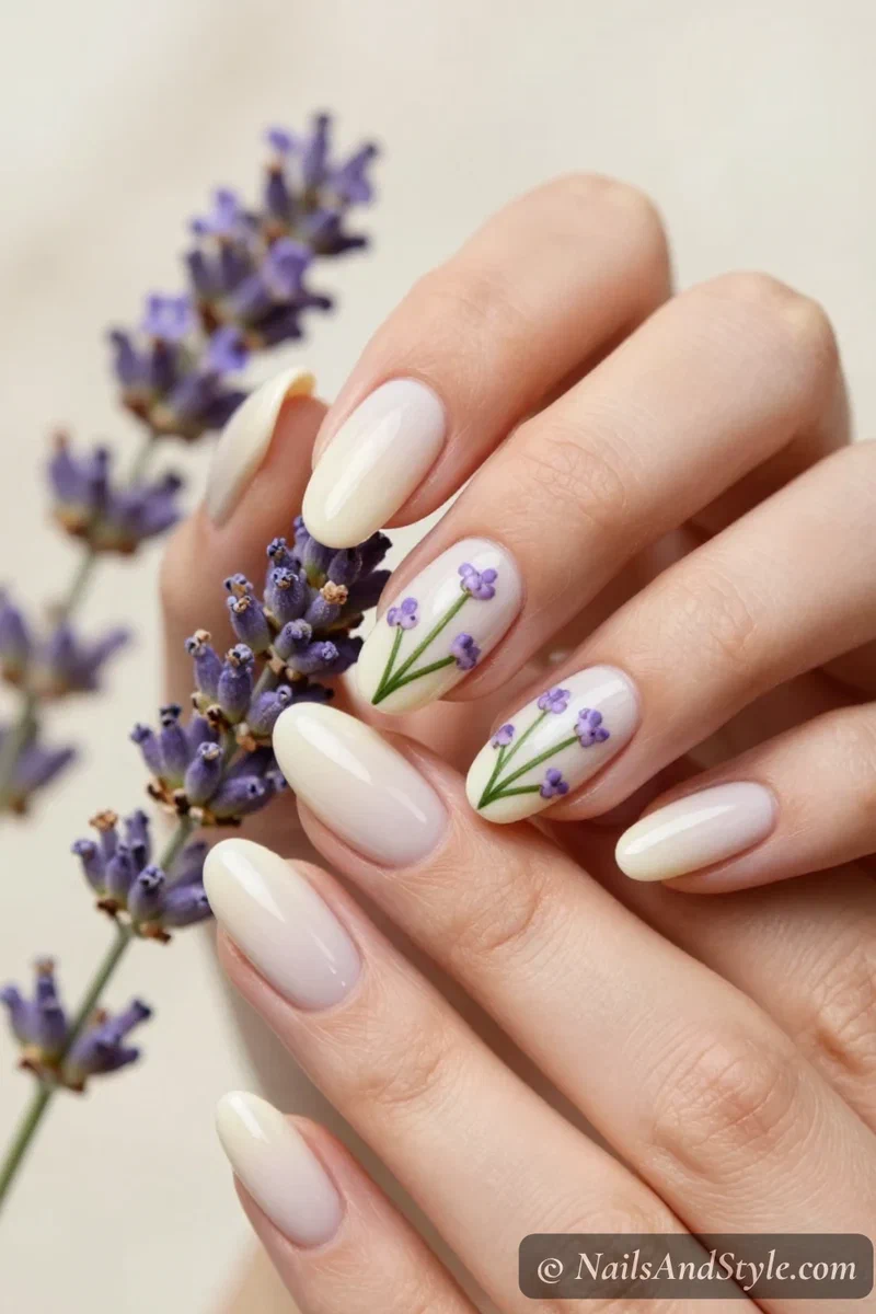 Skittle nails each in a different shade of lavender and purple