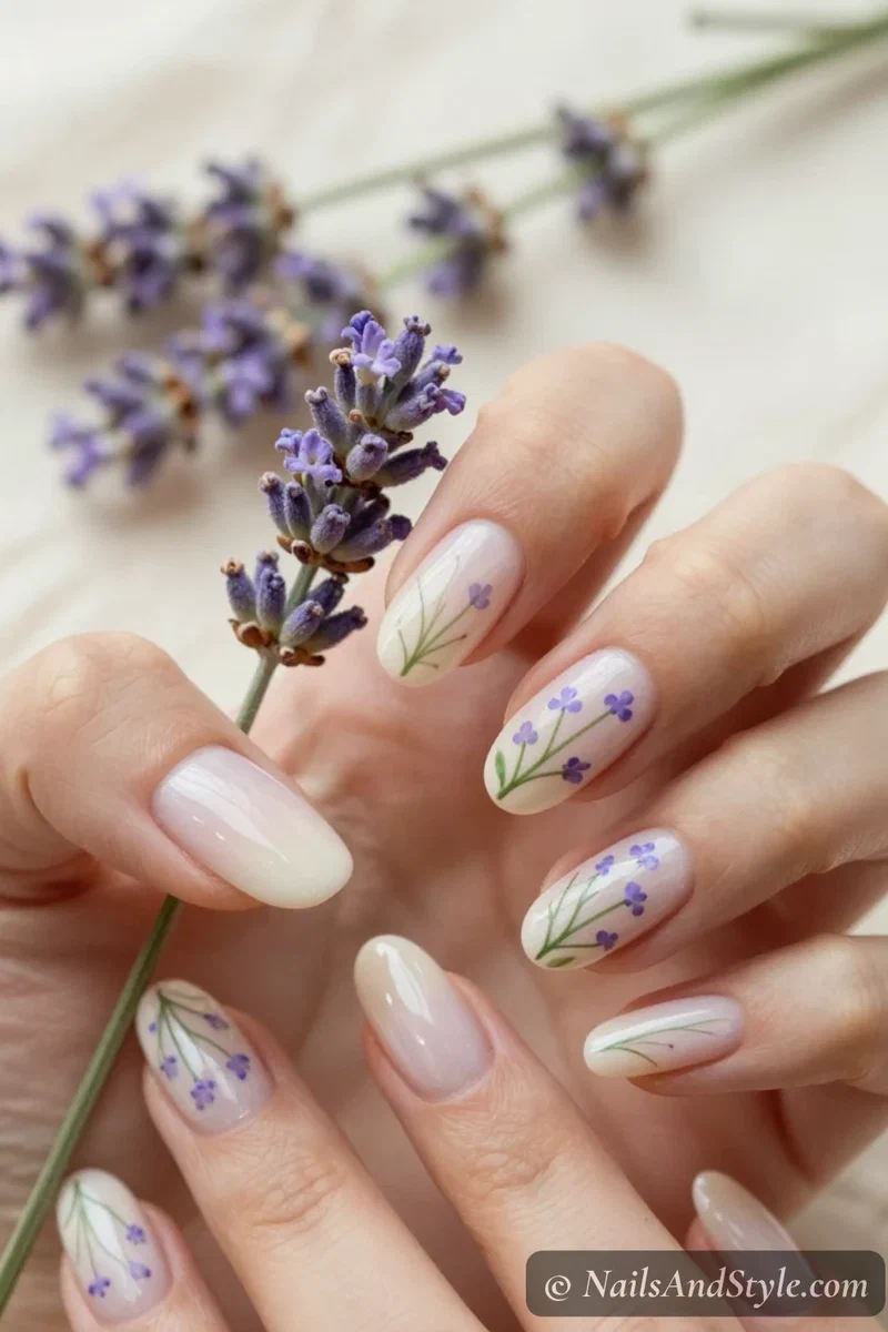 Cream nails with painted lavender flower sprigs