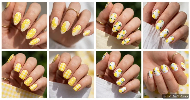 Collage of lemon nail art designs including classic lemon slices, whole lemons with leaves, yellow gingham, and lemon and daisy nails