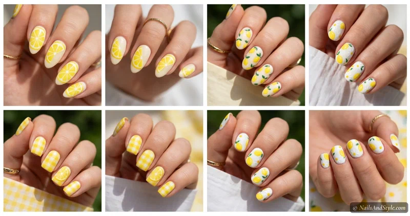 Collage of lemon nail art designs including classic lemon slices, whole lemons with leaves, yellow gingham, and lemon and daisy nails