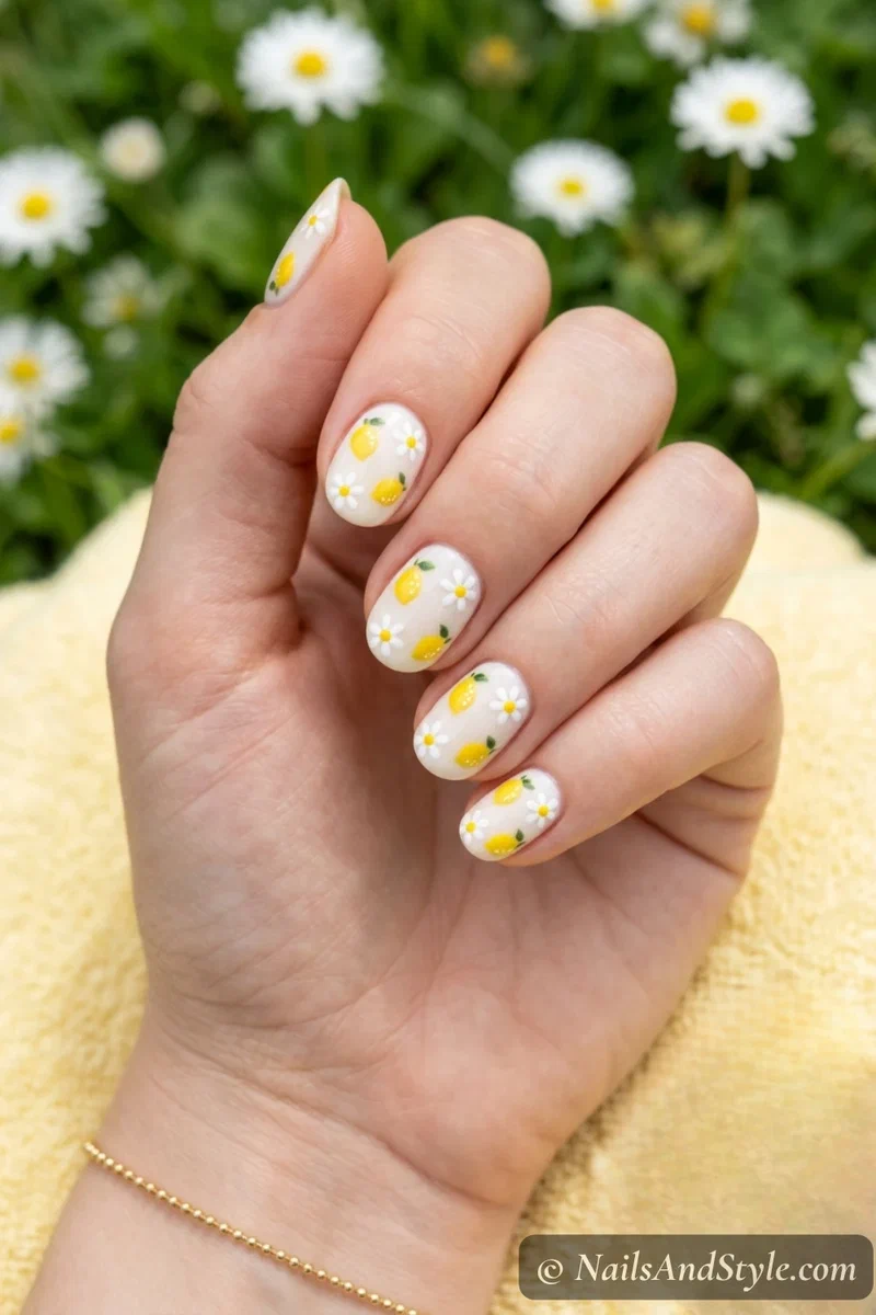 Lemon and daisy nails with small yellow lemons and white daisies with yellow centers on a white base on short round nails