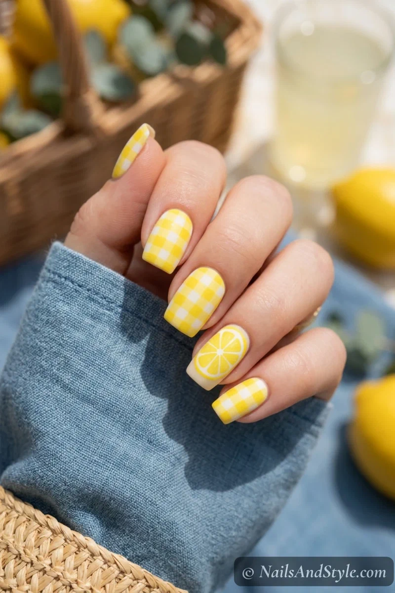 Yellow gingham nails with a checkered pattern and one lemon slice accent nail on short square nails
