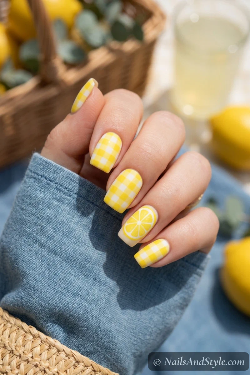 Yellow gingham nails with a checkered pattern and one lemon slice accent nail on short square nails