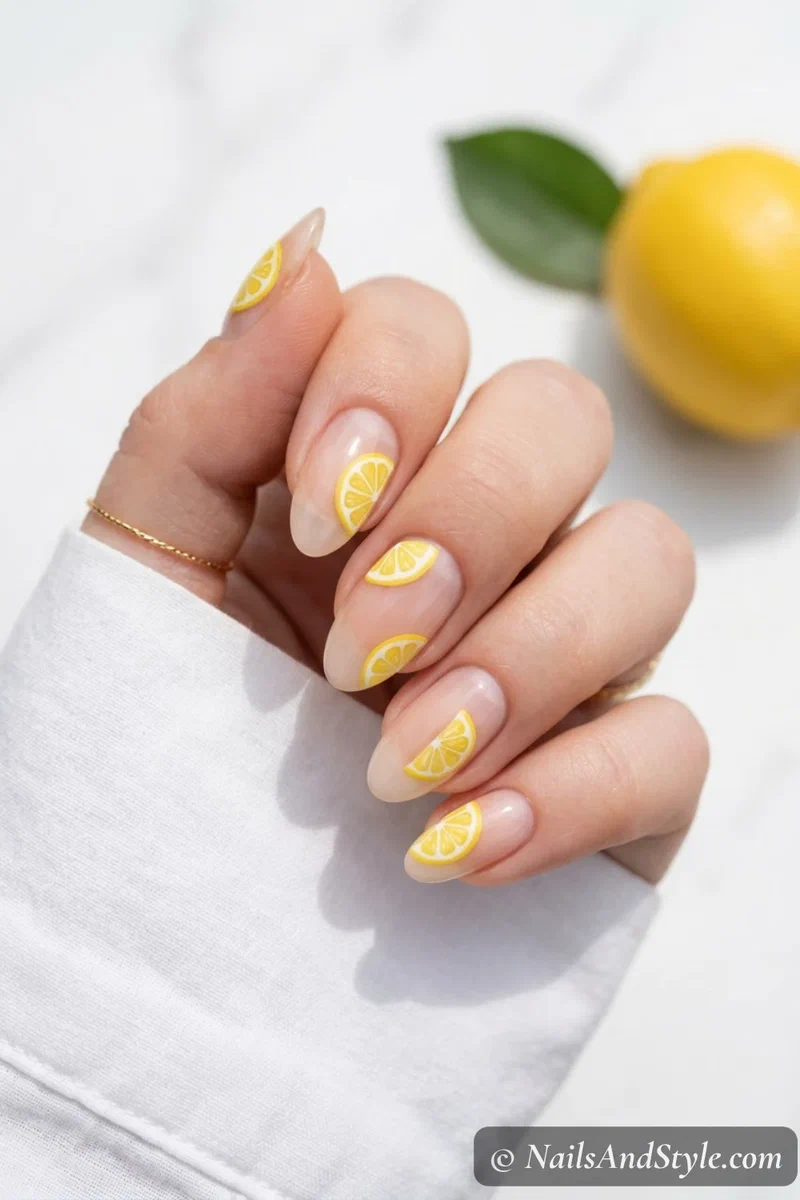 Negative space lemon nails with clear base and small floating lemon slices in different positions on medium almond nails