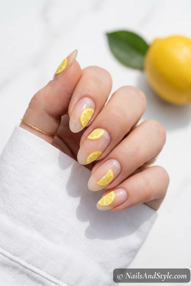 Negative space lemon nails with clear base and small floating lemon slices in different positions on medium almond nails
