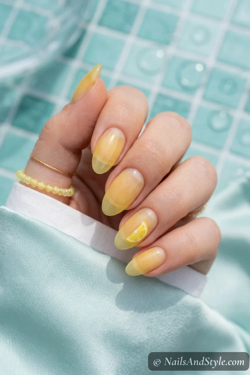 Sheer lemon jelly nails with a translucent buttery yellow base and one small lemon slice accent on medium almond nails