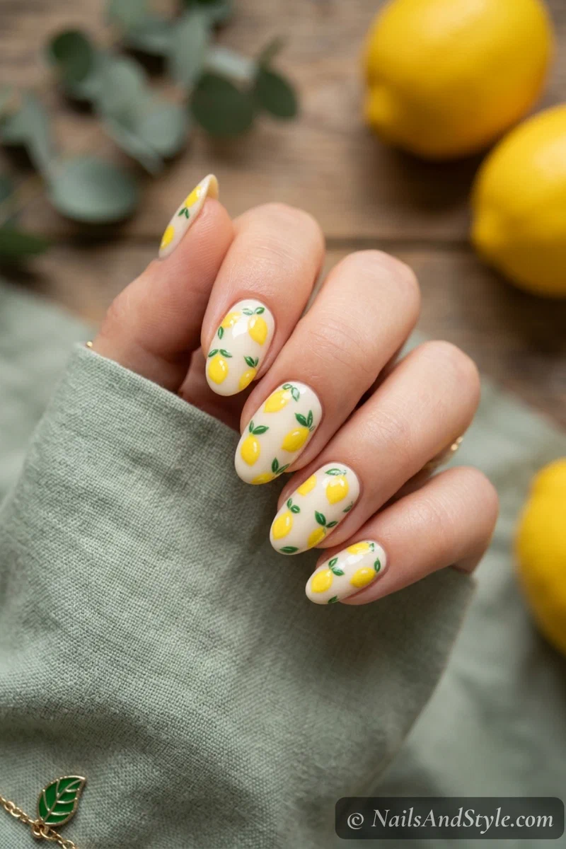 Whole lemon nails with small yellow lemons and green leaves scattered over a cream base on medium oval nails