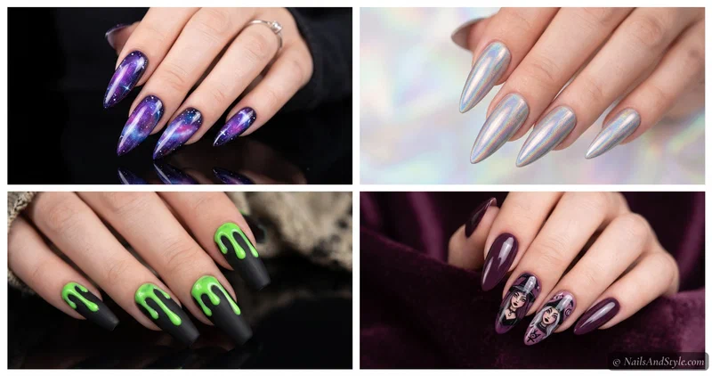 Long stiletto nails in a deep-space galaxy design, shot as a dramatic high-fashion beauty close-up