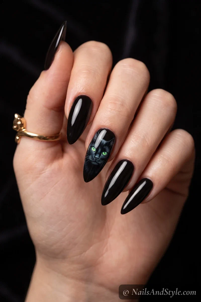 Long nails with a realistic painted black cat with green eyes
