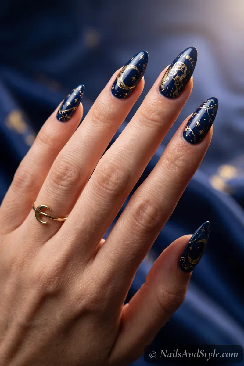 Long midnight blue nails with a gold moon and celestial goddess figure