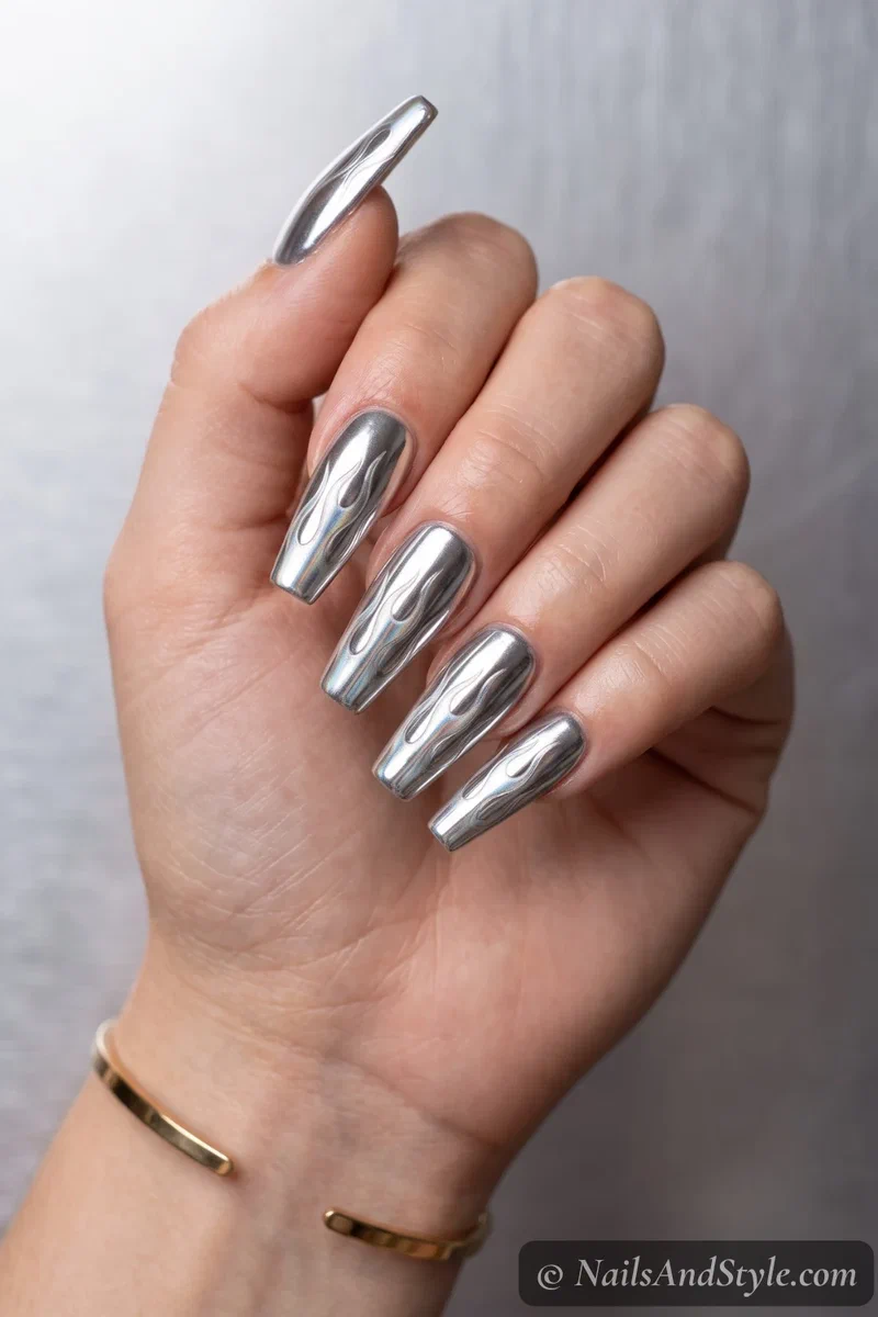 Long nails with a silver chrome flame pattern
