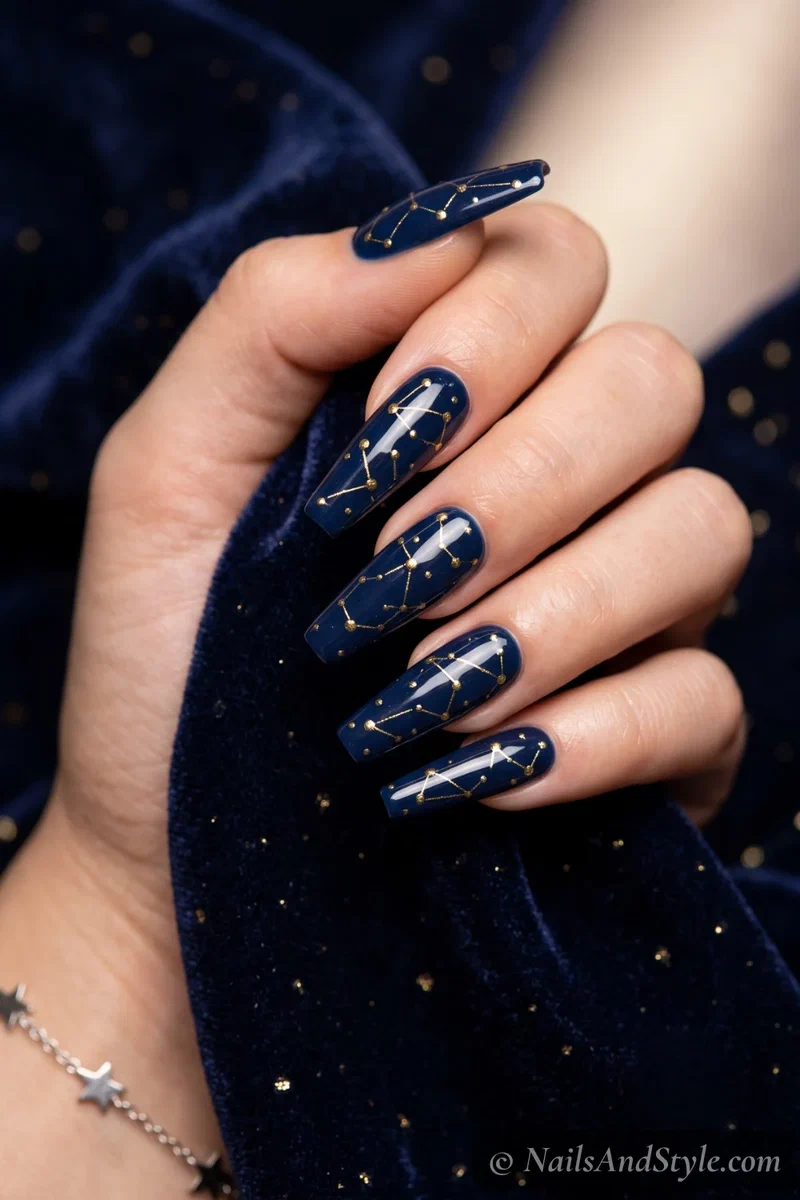 Long navy nails with gold constellation stars connected by fine lines