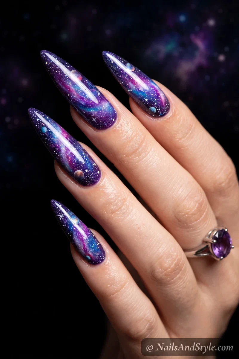 Long stiletto nails with a deep space galaxy of purple, blue, and pink nebula and stars