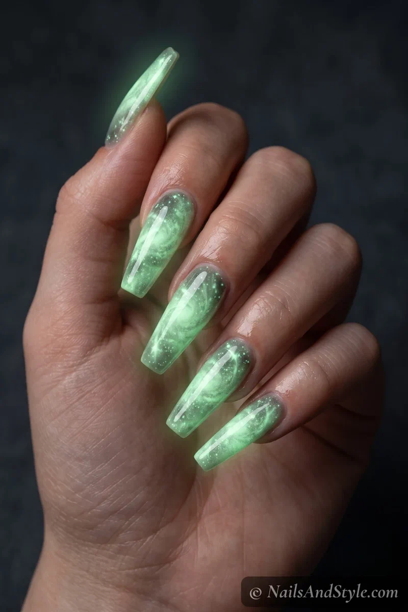 Long nails with a galaxy design glowing green in the dark