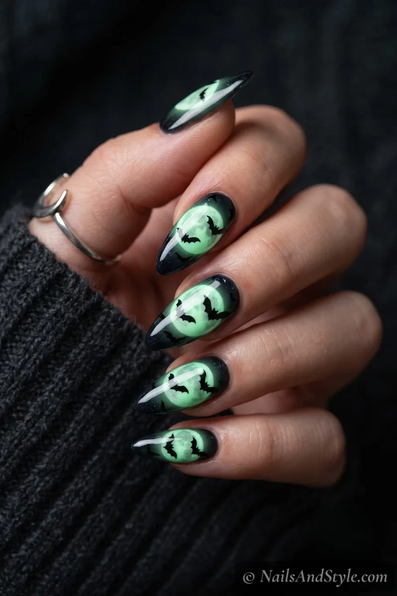 Long nails with a glowing moon and bats on a night sky