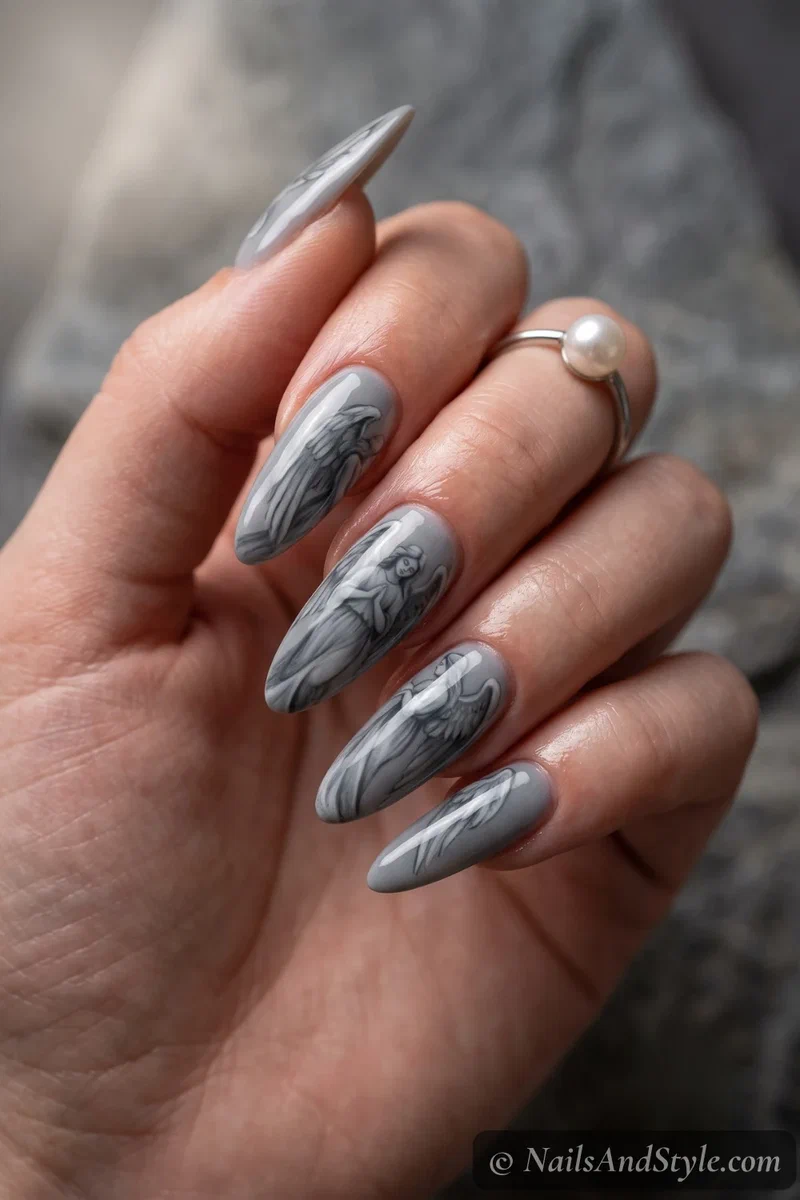 Long grey nails with a painted gothic angel figure