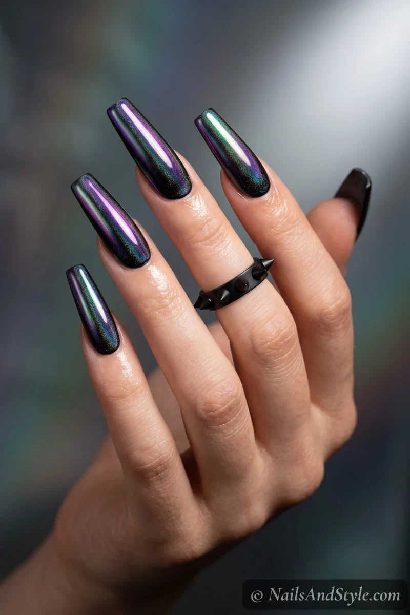 Long black nails with an iridescent oil slick sheen