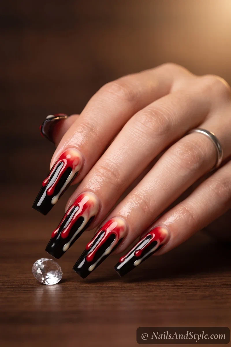 Long black nails with red and white candle wax dripping down
