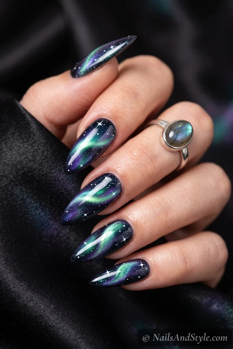 Long nails with a green, teal, and violet aurora borealis on black
